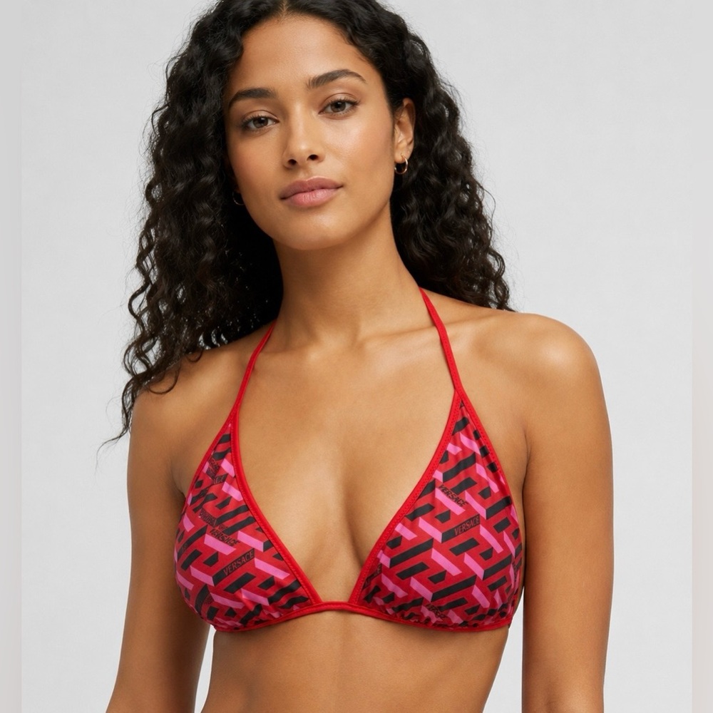 Versace Pink & Red Geometric Print Triangle Bikini Top | reversible